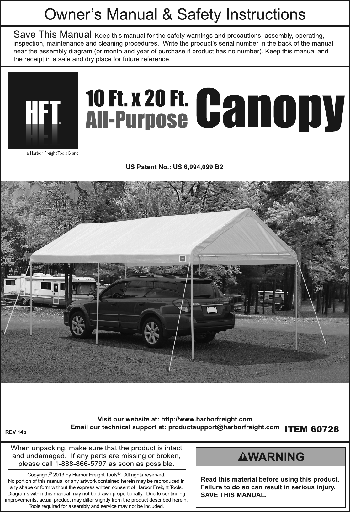 Harbor Freight 10 Ft X 20 Portable Car Canopy Product Manual