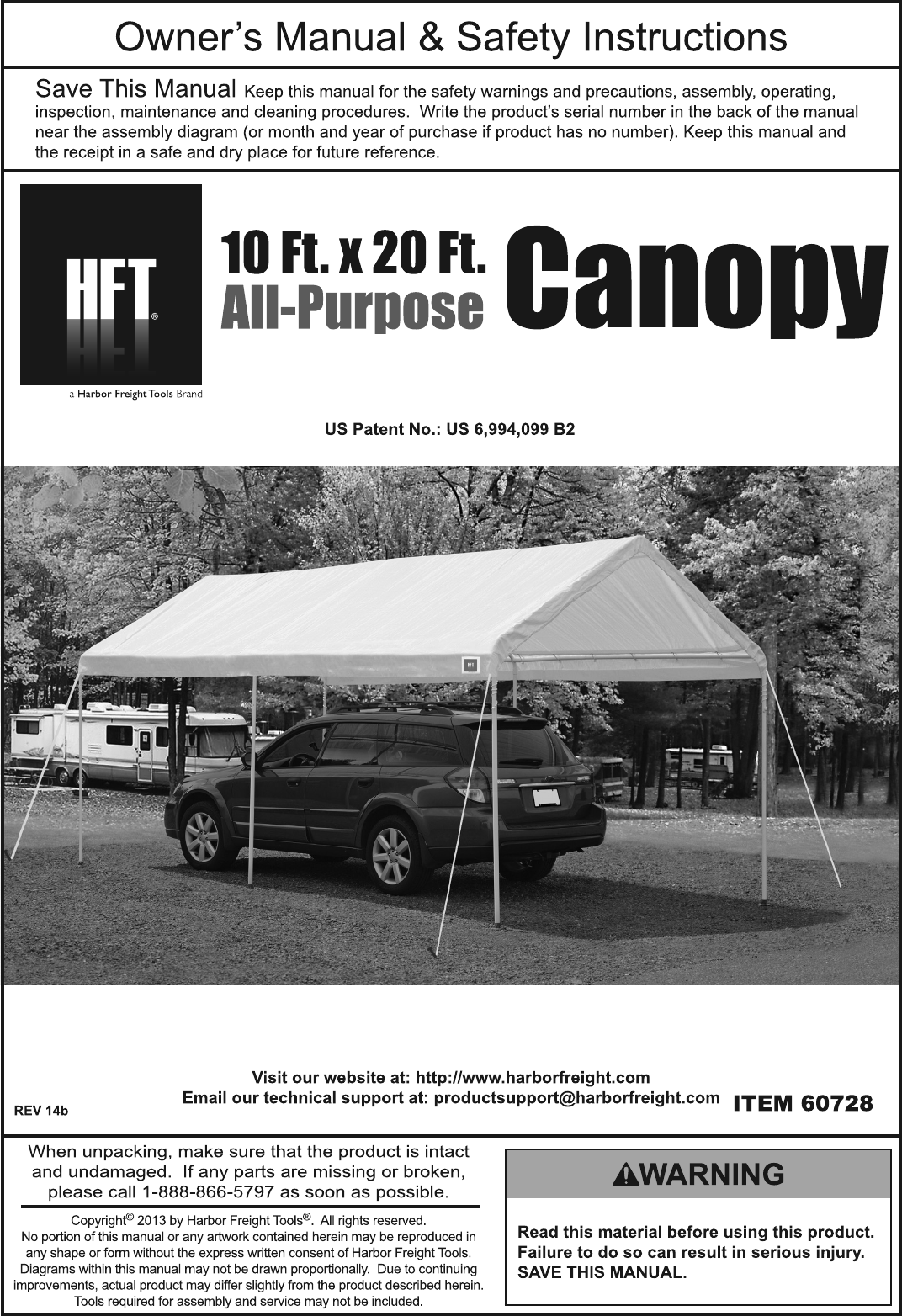 Harbor Freight 10 Ft X 20 Portable Car Canopy Product Manual