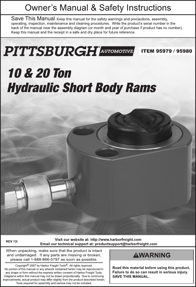 Page 1 of 8 - Harbor-Freight Harbor-Freight-10-Ton-Hydraulic-Short-Body-Ram-Product-Manual-  Harbor-freight-10-ton-hydraulic-short-body-ram-product-manual