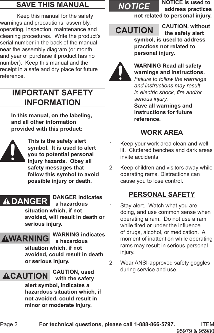 Harbor Freight 10 Ton Hydraulic Short Body Ram Product Manual