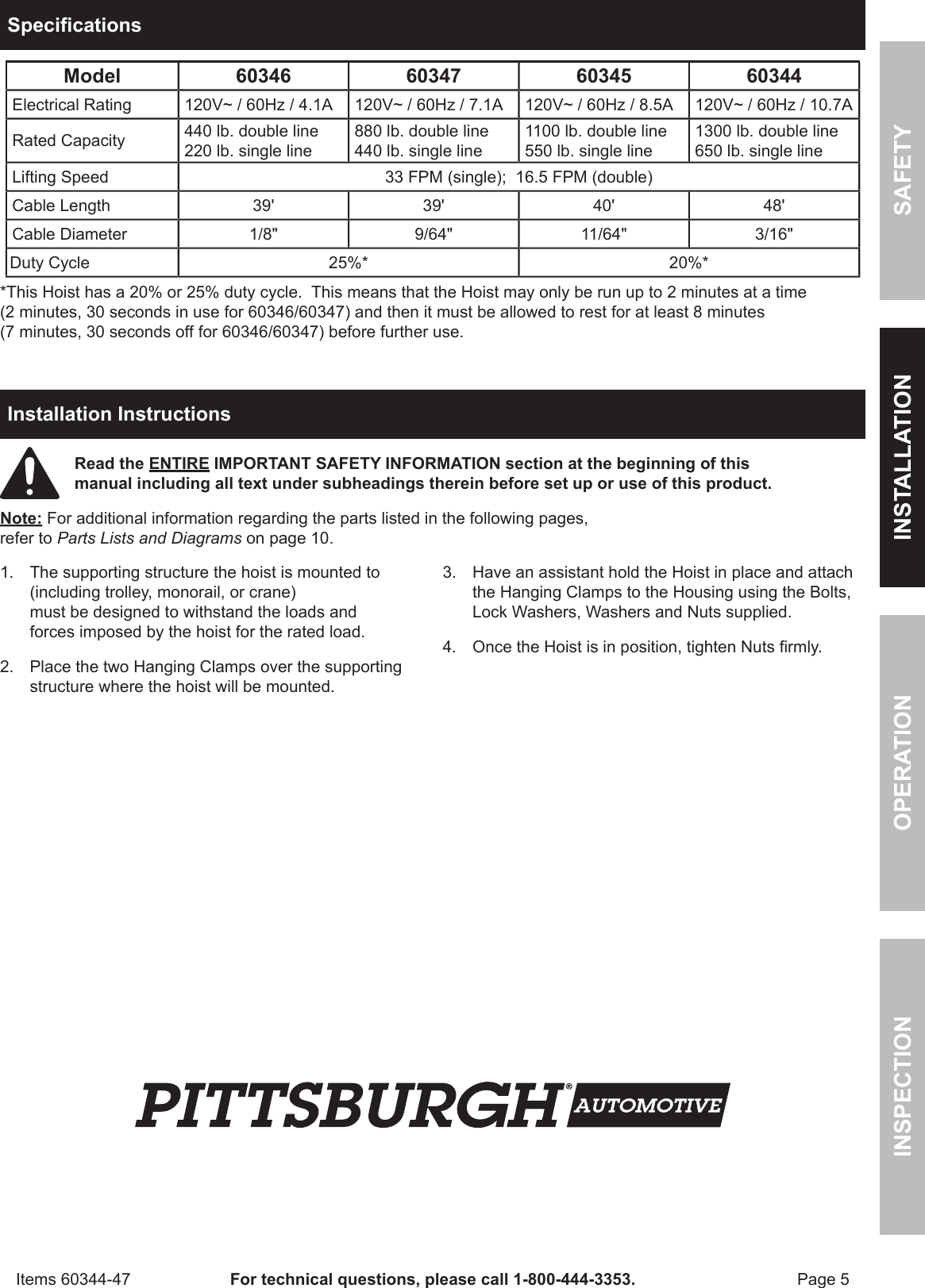 Page 5 of 12 - Harbor-Freight Harbor-Freight-1100-Lb-Electric-Hoist-With-Remote-Control-Product-Manual-  Harbor-freight-1100-lb-electric-hoist-with-remote-control-product-manual