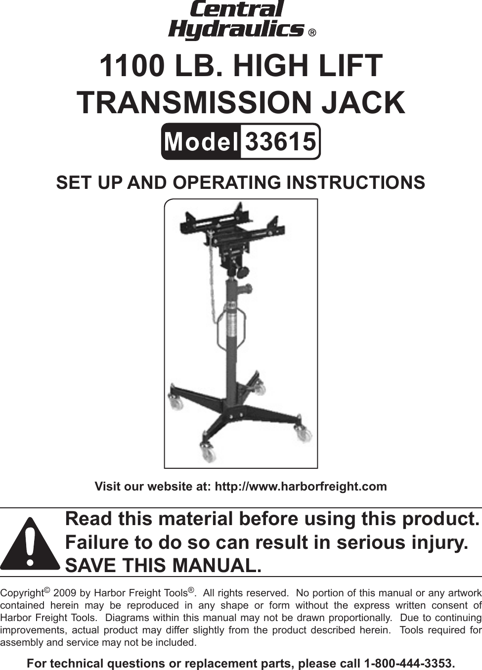 Harbor Freight 1100 Lb High Lift Transmission Jack Product Manual