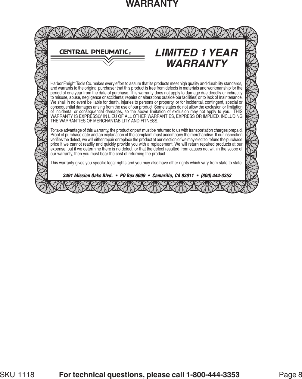 Page 8 of 8 - Harbor-Freight Harbor-Freight-1118-Users-Manual- 45009-92261 Manual  Harbor-freight-1118-users-manual