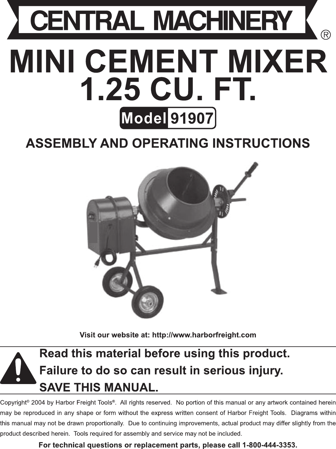 Harbor Freight 1 4 Cubic Ft Cement Mixer Product Manual 91907说明书新 改封皮