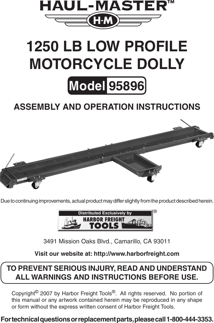 Page 1 of 8 - Harbor-Freight Harbor-Freight-1250-Lb-Capacity-Low-Profile-Motorcycle-Dolly-Product-Manual-  Harbor-freight-1250-lb-capacity-low-profile-motorcycle-dolly-product-manual