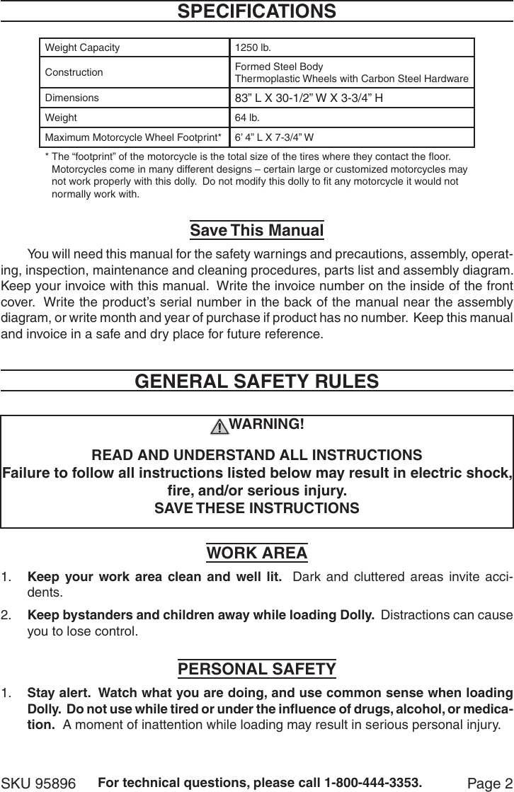 Page 2 of 8 - Harbor-Freight Harbor-Freight-1250-Lb-Capacity-Low-Profile-Motorcycle-Dolly-Product-Manual-  Harbor-freight-1250-lb-capacity-low-profile-motorcycle-dolly-product-manual