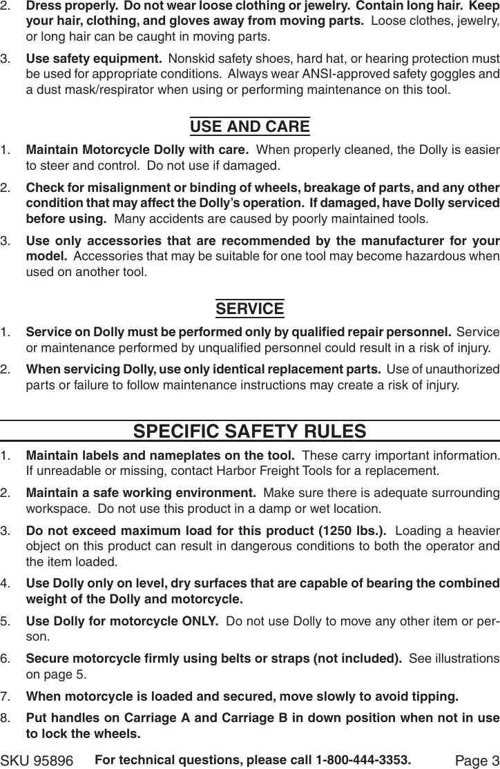 Page 3 of 8 - Harbor-Freight Harbor-Freight-1250-Lb-Capacity-Low-Profile-Motorcycle-Dolly-Product-Manual-  Harbor-freight-1250-lb-capacity-low-profile-motorcycle-dolly-product-manual