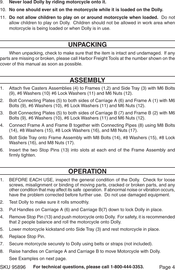 Page 4 of 8 - Harbor-Freight Harbor-Freight-1250-Lb-Capacity-Low-Profile-Motorcycle-Dolly-Product-Manual-  Harbor-freight-1250-lb-capacity-low-profile-motorcycle-dolly-product-manual