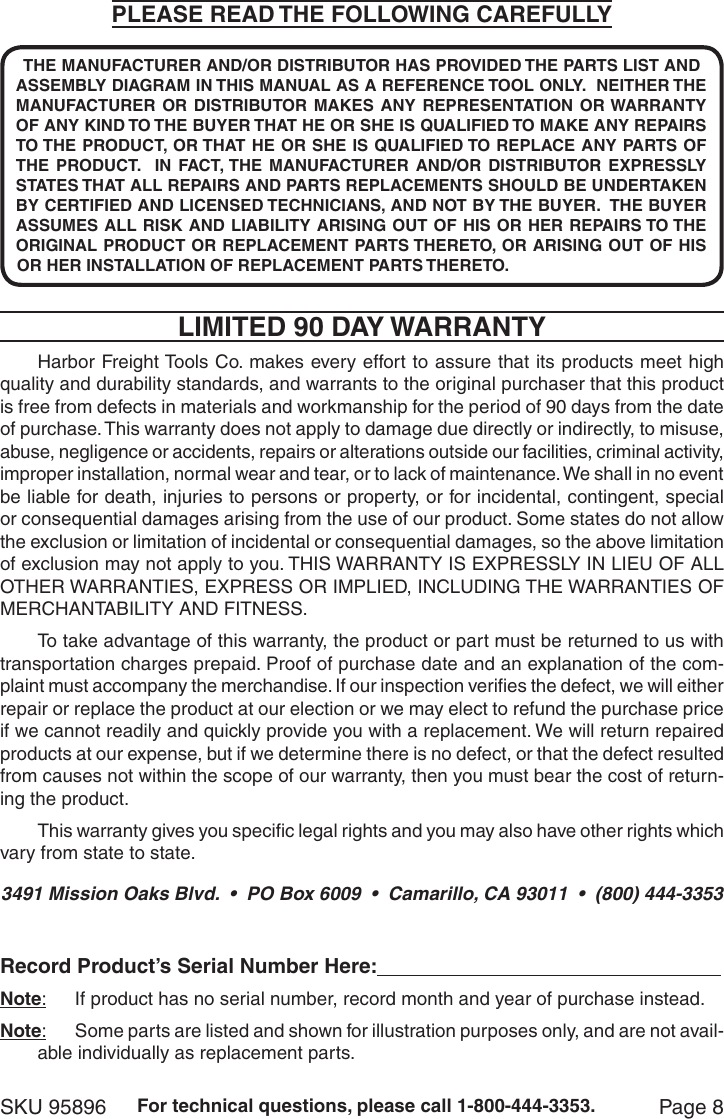 Page 8 of 8 - Harbor-Freight Harbor-Freight-1250-Lb-Capacity-Low-Profile-Motorcycle-Dolly-Product-Manual-  Harbor-freight-1250-lb-capacity-low-profile-motorcycle-dolly-product-manual