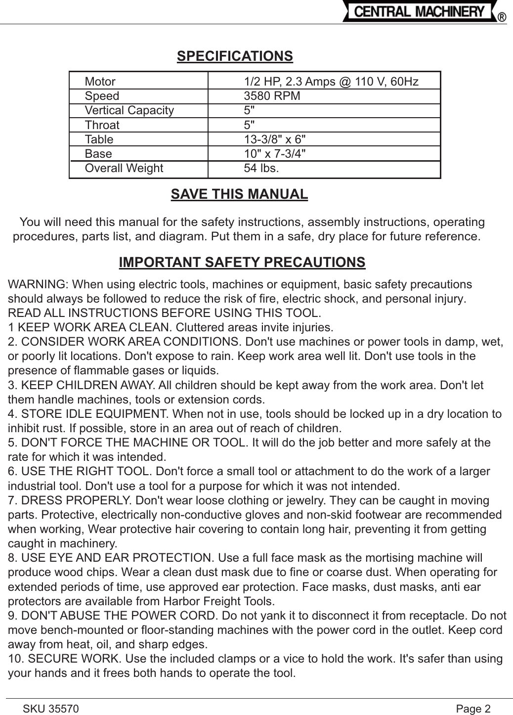 Harbor Freight 1 2 Hp Mortising Machine Product Manual 35570