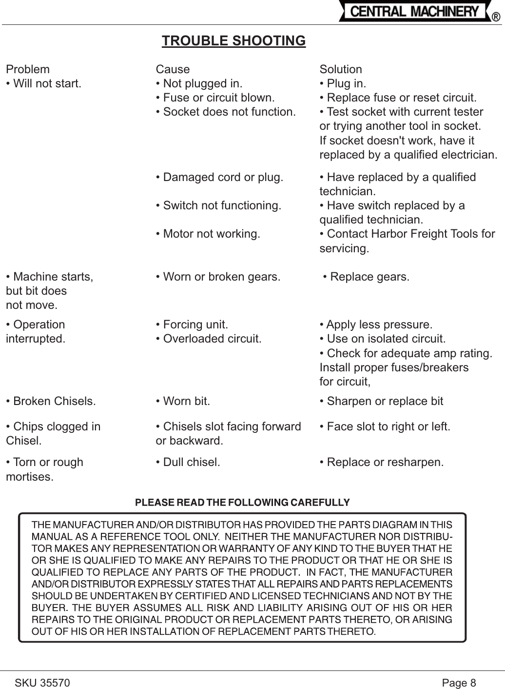 Page 8 of 11 - Harbor-Freight Harbor-Freight-1-2-Hp-Mortising-Machine-Product-Manual- 35570  Harbor-freight-1-2-hp-mortising-machine-product-manual