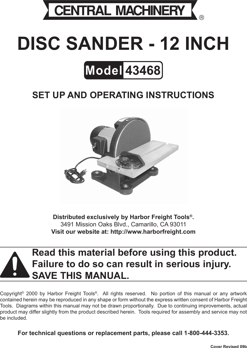 Harbor Freight 12 In 1 4 Hp Disc Sander Product Manual