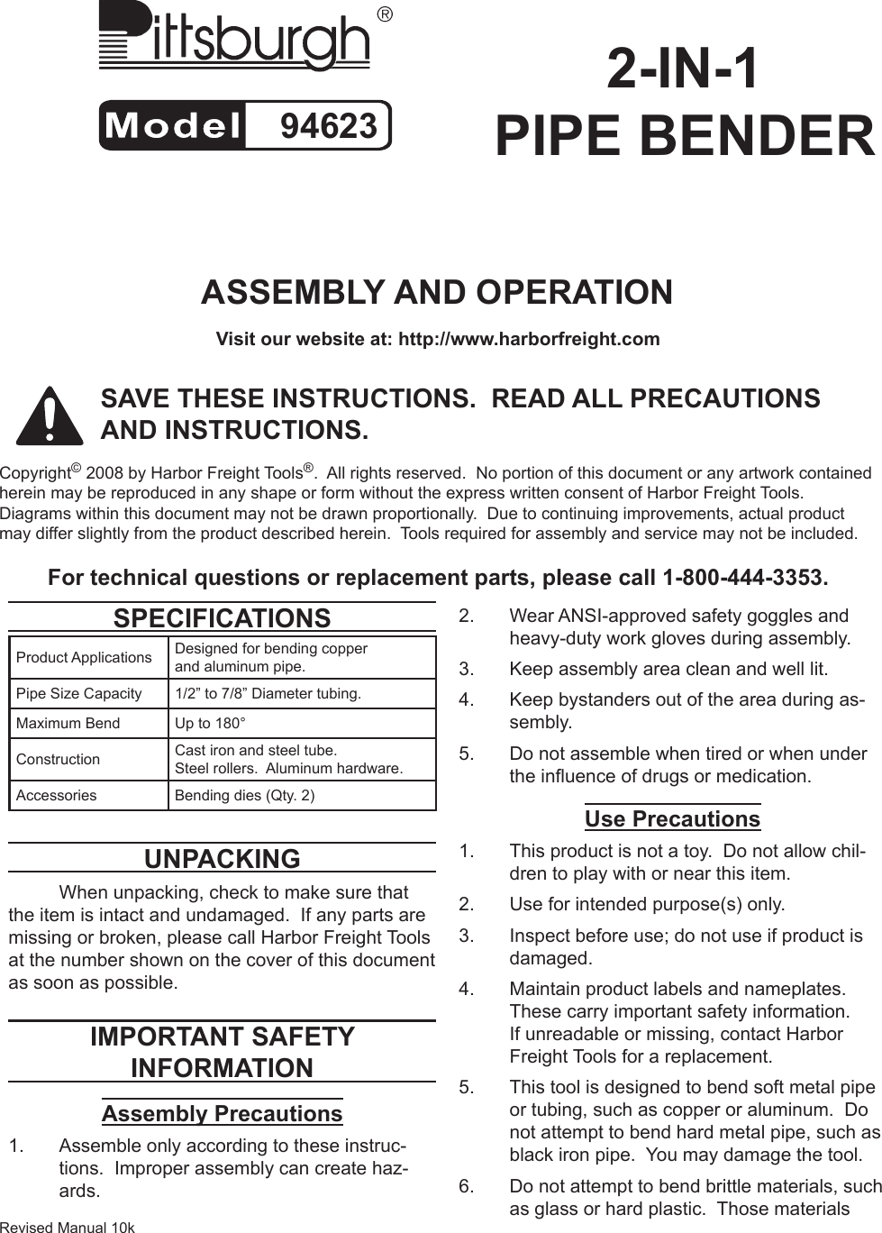 Page 1 of 3 - Harbor-Freight Harbor-Freight-1-2-In -7-8-In-2-In-1-Tubing-Bender-Product-Manual-  Harbor-freight-1-2-in---7-8-in-2-in-1-tubing-bender-product-manual