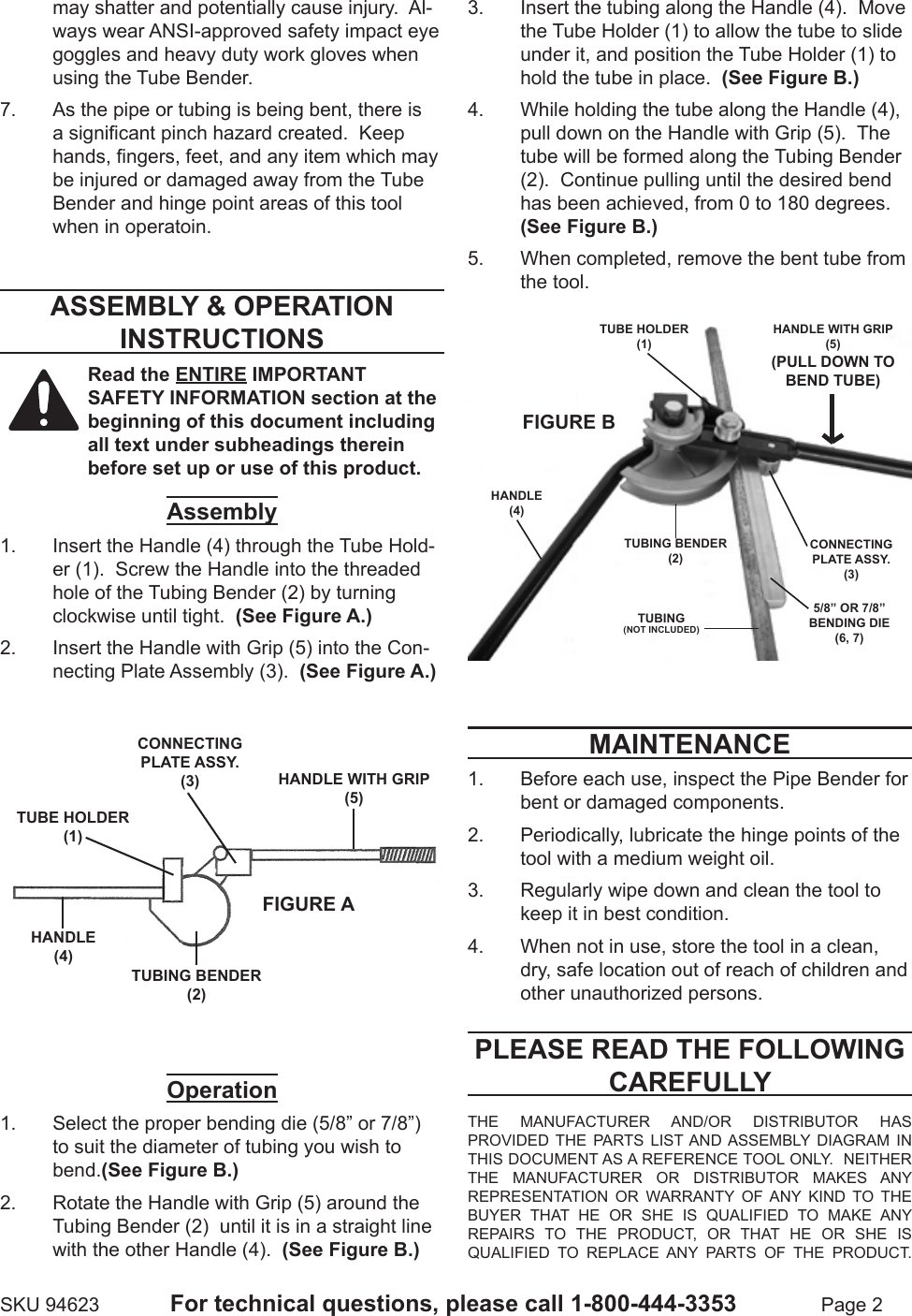 Page 2 of 3 - Harbor-Freight Harbor-Freight-1-2-In -7-8-In-2-In-1-Tubing-Bender-Product-Manual-  Harbor-freight-1-2-in---7-8-in-2-in-1-tubing-bender-product-manual