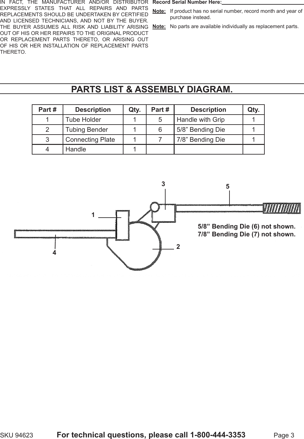 Page 3 of 3 - Harbor-Freight Harbor-Freight-1-2-In -7-8-In-2-In-1-Tubing-Bender-Product-Manual-  Harbor-freight-1-2-in---7-8-in-2-in-1-tubing-bender-product-manual