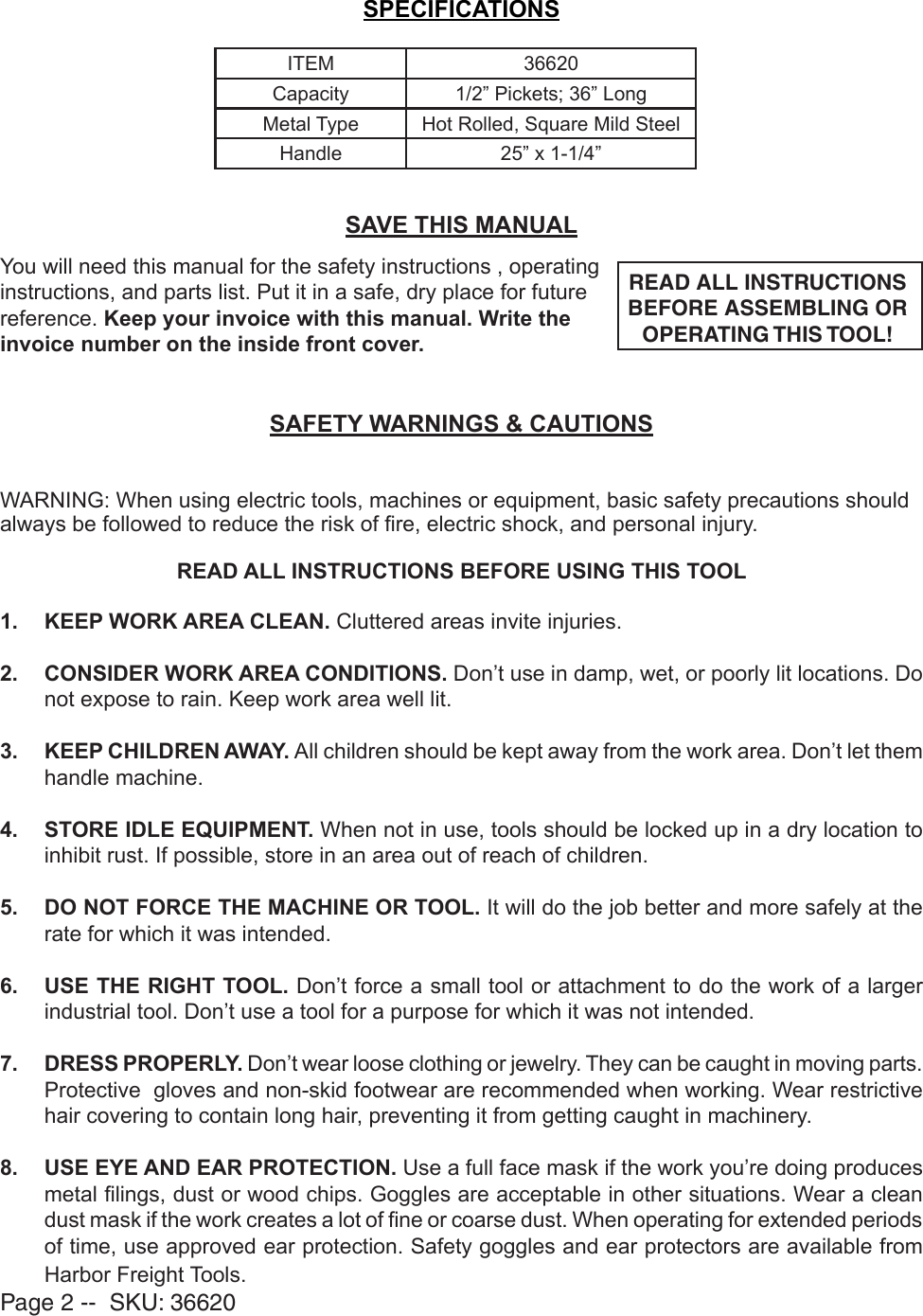 Page 2 of 8 - Harbor-Freight Harbor-Freight-1-2-In-Picket-Twister-Attachment-Product-Manual- Harbor-freight-1-2-in-picket-twister-attachment-product-manual