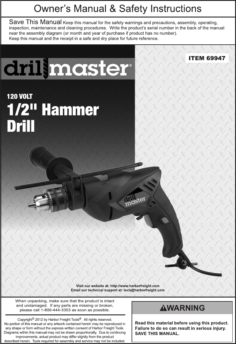 Harbor Freight 1 2 In Variable Speed Reversible Hammer Drill Product Manual