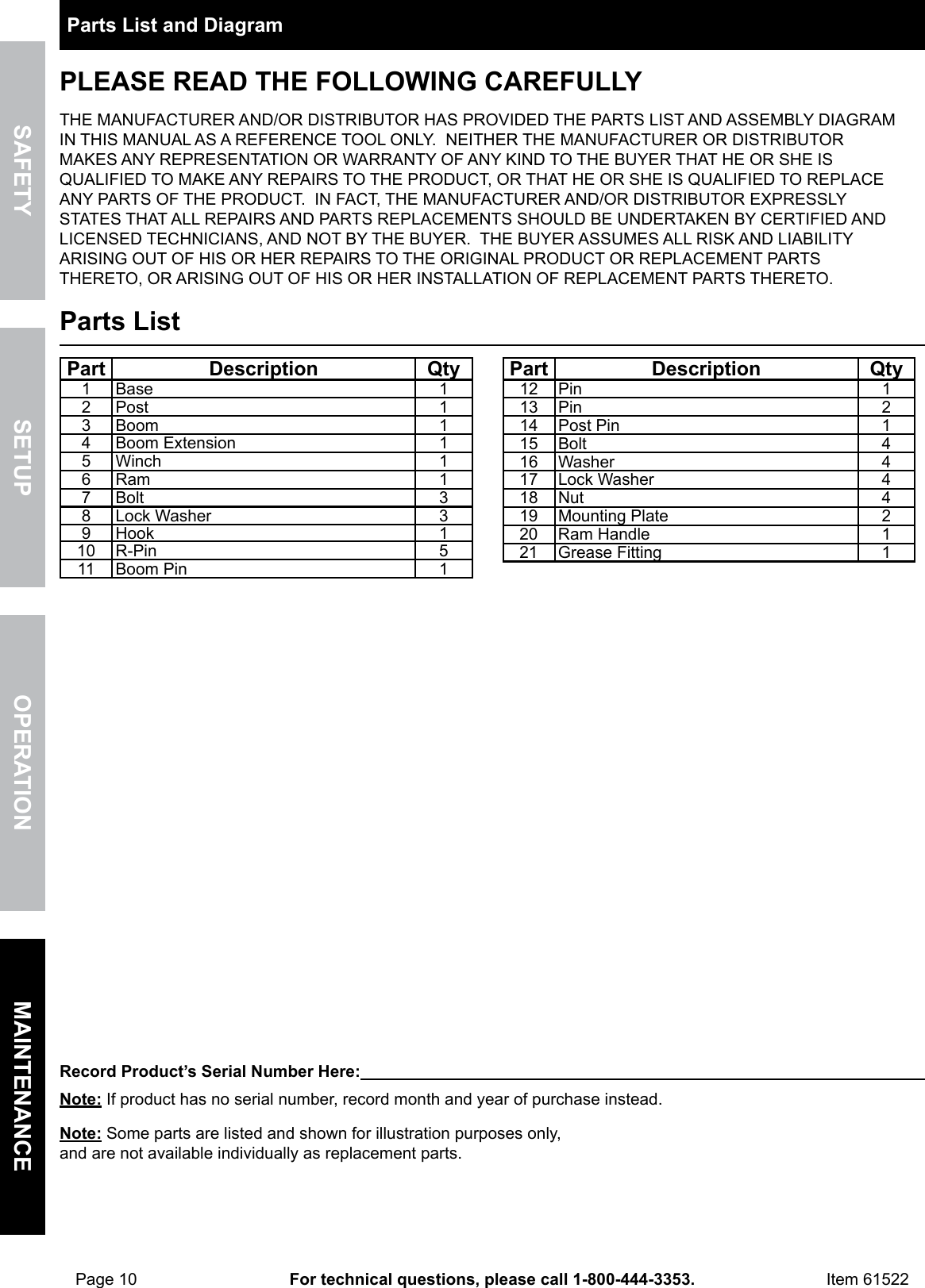 Page 10 of 12 - Harbor-Freight Harbor-Freight-1-2-Ton-Capacity-Pickup-Truck-Crane-With-Cable-Winch-Product-Manual-  Harbor-freight-1-2-ton-capacity-pickup-truck-crane-with-cable-winch-product-manual