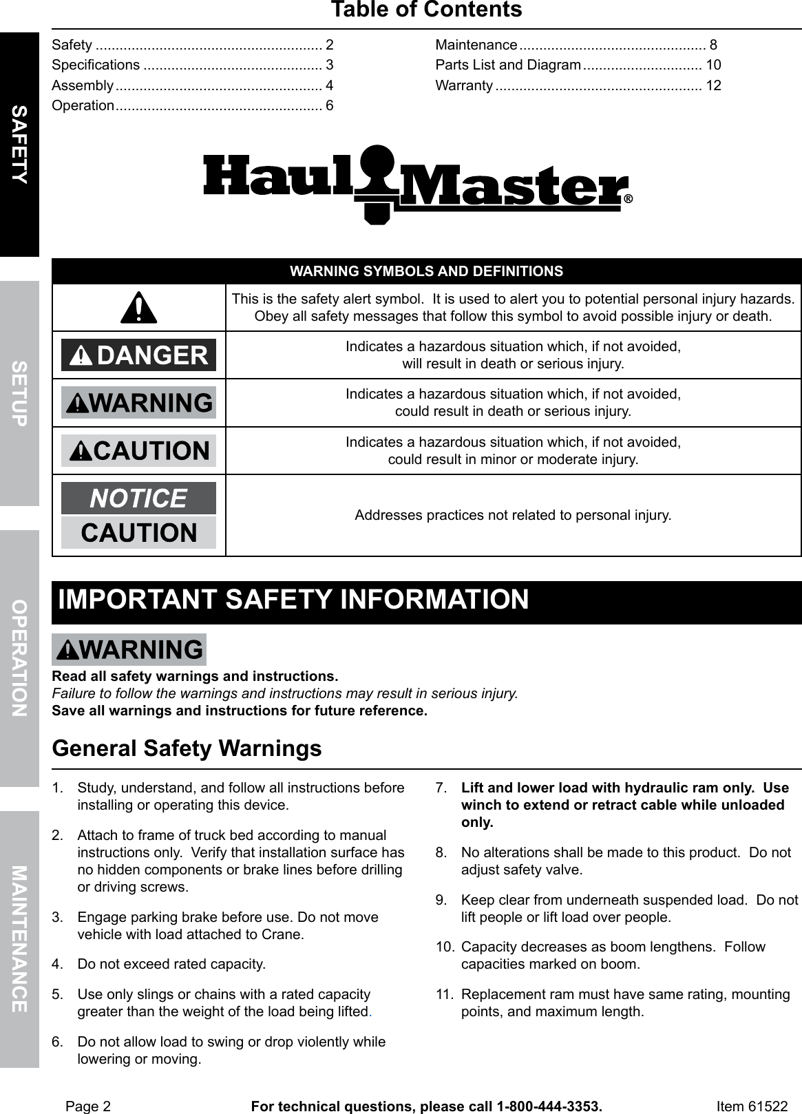 Page 2 of 12 - Harbor-Freight Harbor-Freight-1-2-Ton-Capacity-Pickup-Truck-Crane-With-Cable-Winch-Product-Manual-  Harbor-freight-1-2-ton-capacity-pickup-truck-crane-with-cable-winch-product-manual