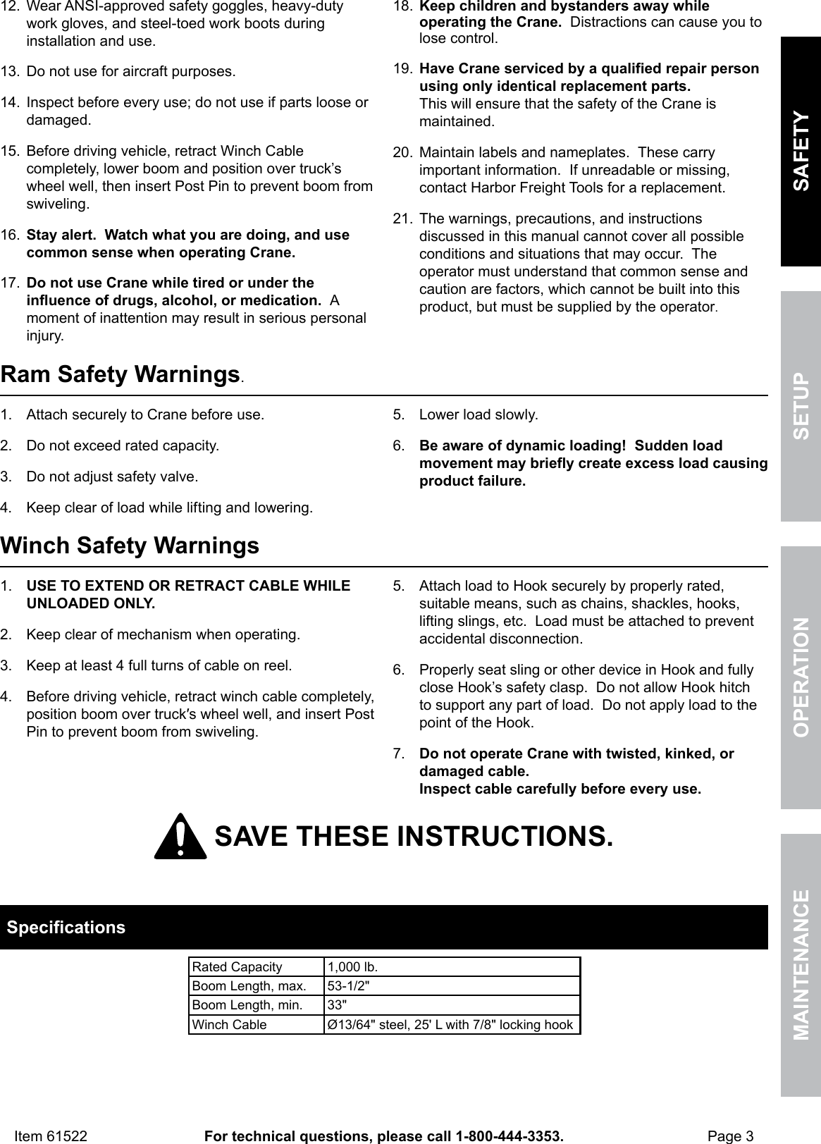 Page 3 of 12 - Harbor-Freight Harbor-Freight-1-2-Ton-Capacity-Pickup-Truck-Crane-With-Cable-Winch-Product-Manual-  Harbor-freight-1-2-ton-capacity-pickup-truck-crane-with-cable-winch-product-manual