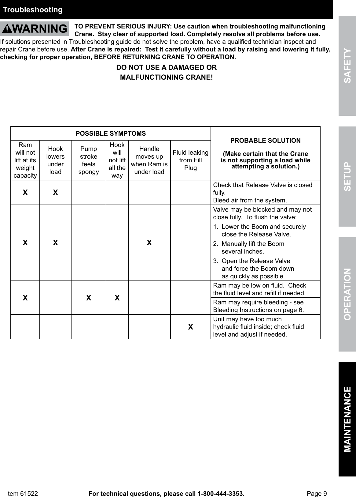 Page 9 of 12 - Harbor-Freight Harbor-Freight-1-2-Ton-Capacity-Pickup-Truck-Crane-With-Cable-Winch-Product-Manual-  Harbor-freight-1-2-ton-capacity-pickup-truck-crane-with-cable-winch-product-manual