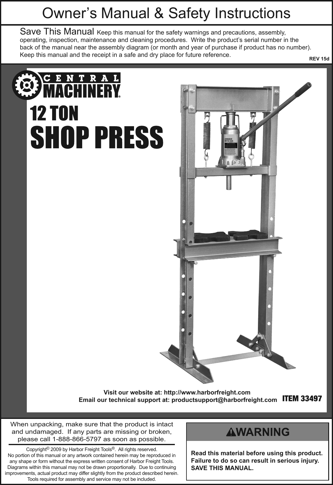 Page 1 of 12 - Harbor-Freight Harbor-Freight-12-Ton-H-Frame-Industrial-Heavy-Duty-Floor-Shop-Press-Product-Manual-  Harbor-freight-12-ton-h-frame-industrial-heavy-duty-floor-shop-press-product-manual