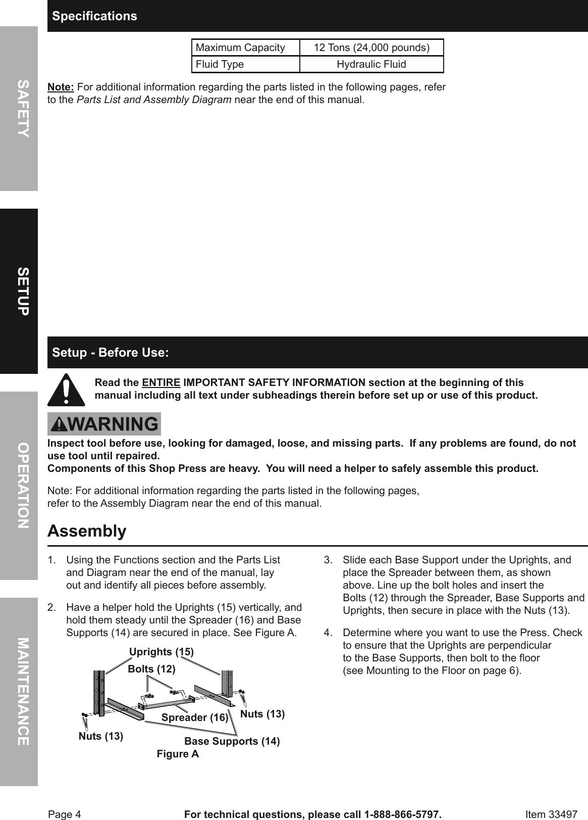 Page 4 of 12 - Harbor-Freight Harbor-Freight-12-Ton-H-Frame-Industrial-Heavy-Duty-Floor-Shop-Press-Product-Manual-  Harbor-freight-12-ton-h-frame-industrial-heavy-duty-floor-shop-press-product-manual