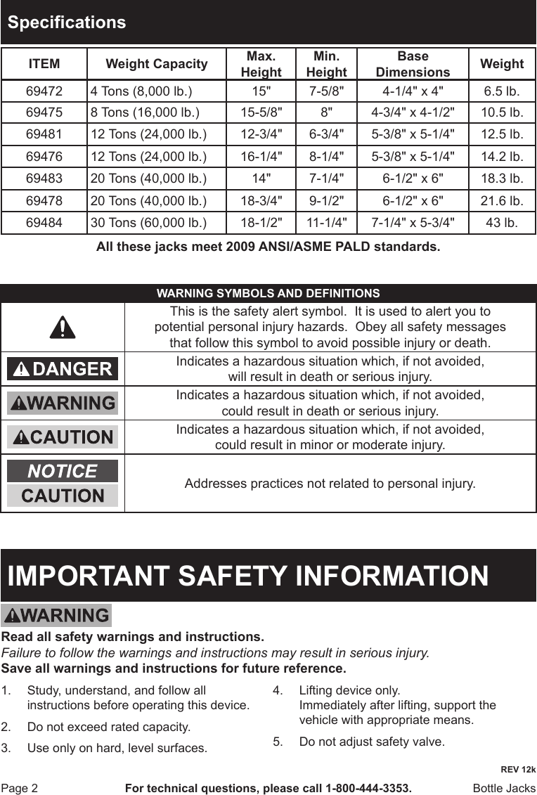 Page 2 of 12 - Harbor-Freight Harbor-Freight-12-Ton-Hydraulic-Heavy-Duty-Bottle-Jack-Product-Manual-  Harbor-freight-12-ton-hydraulic-heavy-duty-bottle-jack-product-manual