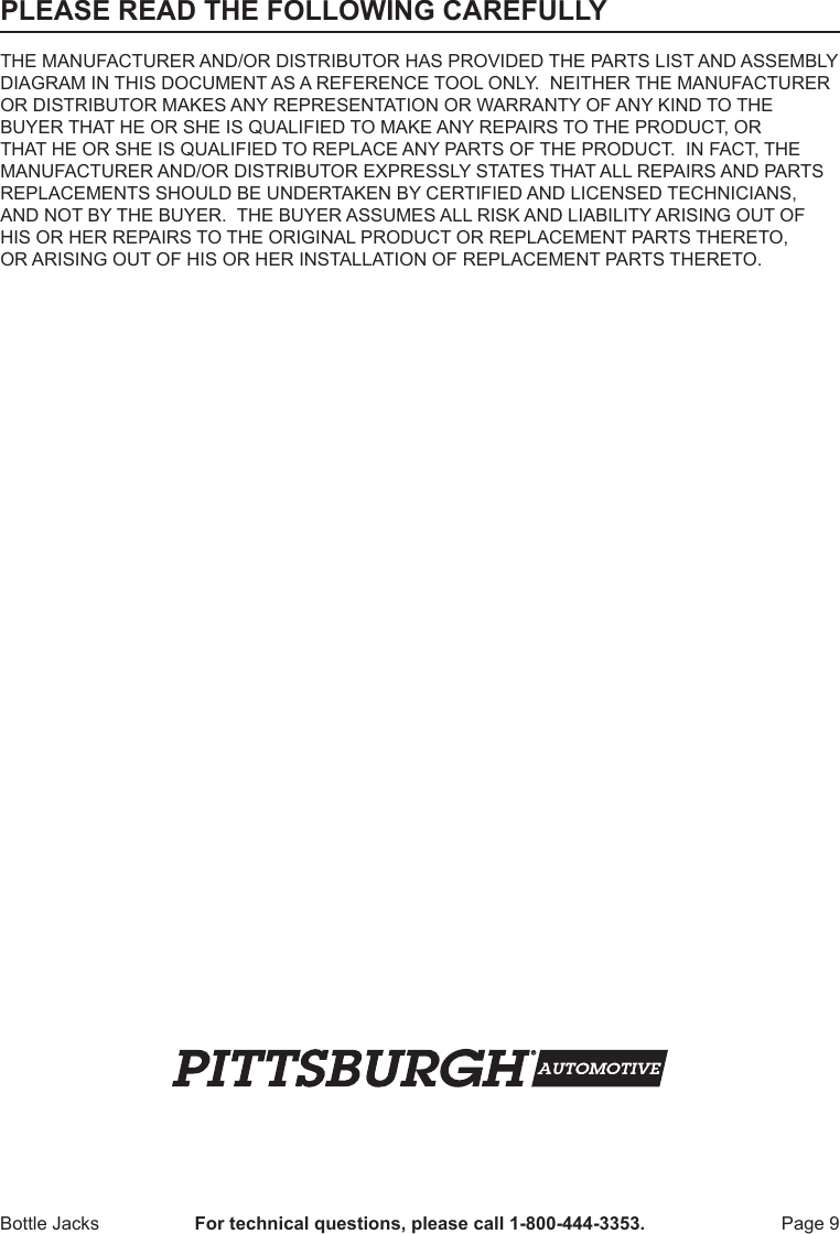 Page 9 of 12 - Harbor-Freight Harbor-Freight-12-Ton-Hydraulic-Heavy-Duty-Bottle-Jack-Product-Manual-  Harbor-freight-12-ton-hydraulic-heavy-duty-bottle-jack-product-manual