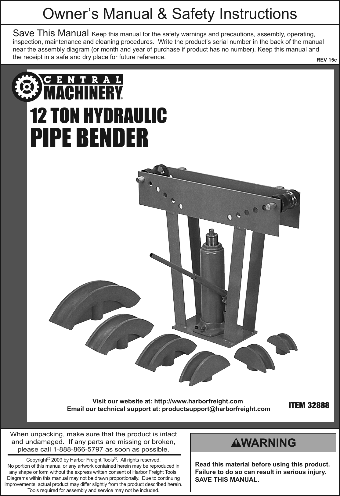 Page 1 of 12 - Harbor-Freight Harbor-Freight-12-Ton-Hydraulic-Pipe-Bender-Product-Manual-  Harbor-freight-12-ton-hydraulic-pipe-bender-product-manual
