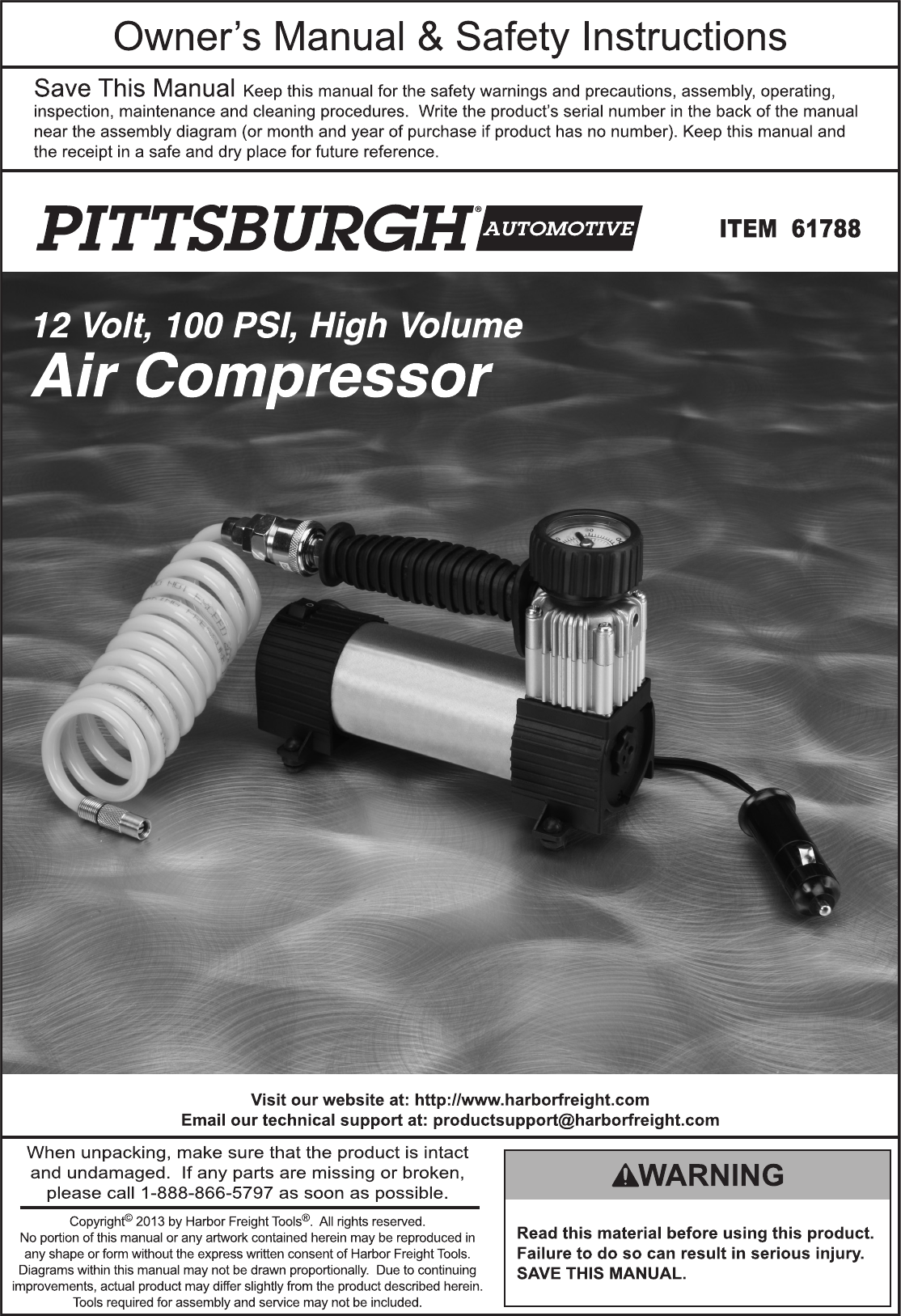 Harbor Freight 12V 100 Psi High Volume Air Compressor Product Manual