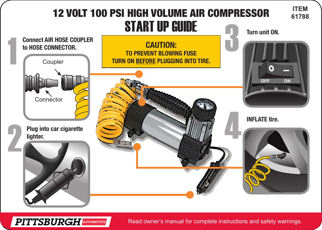 Page 1 of 2 - Harbor-Freight Harbor-Freight-12V-100-Psi-High-Volume-Air-Compressor-Quick-Start-Manual-  Harbor-freight-12v-100-psi-high-volume-air-compressor-quick-start-manual