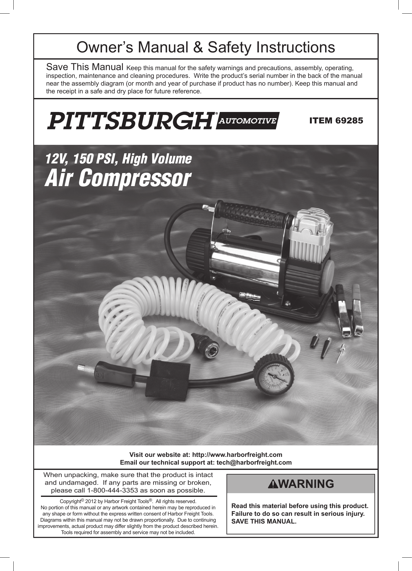 Page 1 of 12 - Harbor-Freight Harbor-Freight-12Volt-150-Psi-Compact-Air-Compressor-Product-Manual-  Harbor-freight-12volt-150-psi-compact-air-compressor-product-manual