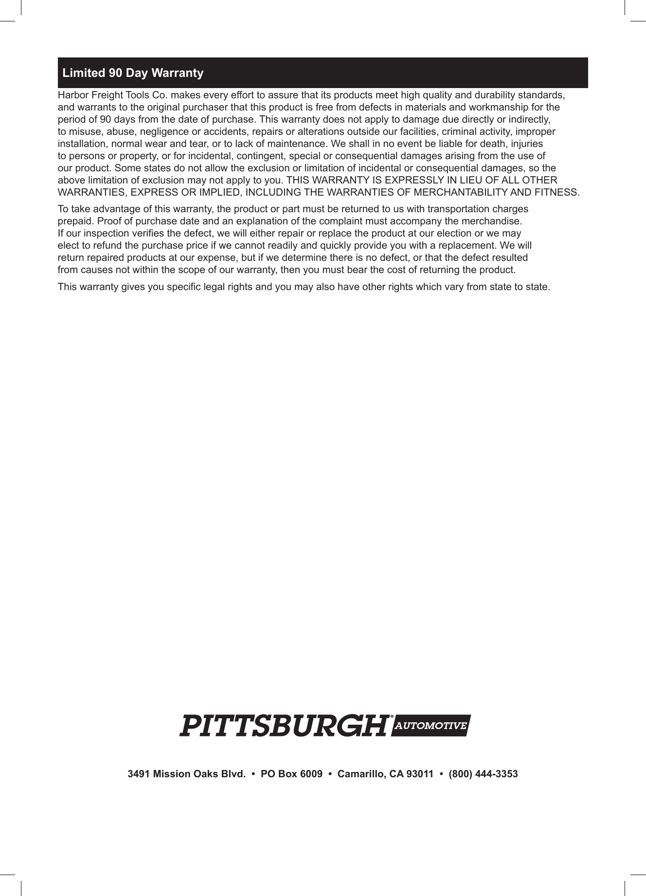 Page 12 of 12 - Harbor-Freight Harbor-Freight-12Volt-150-Psi-Compact-Air-Compressor-Product-Manual-  Harbor-freight-12volt-150-psi-compact-air-compressor-product-manual