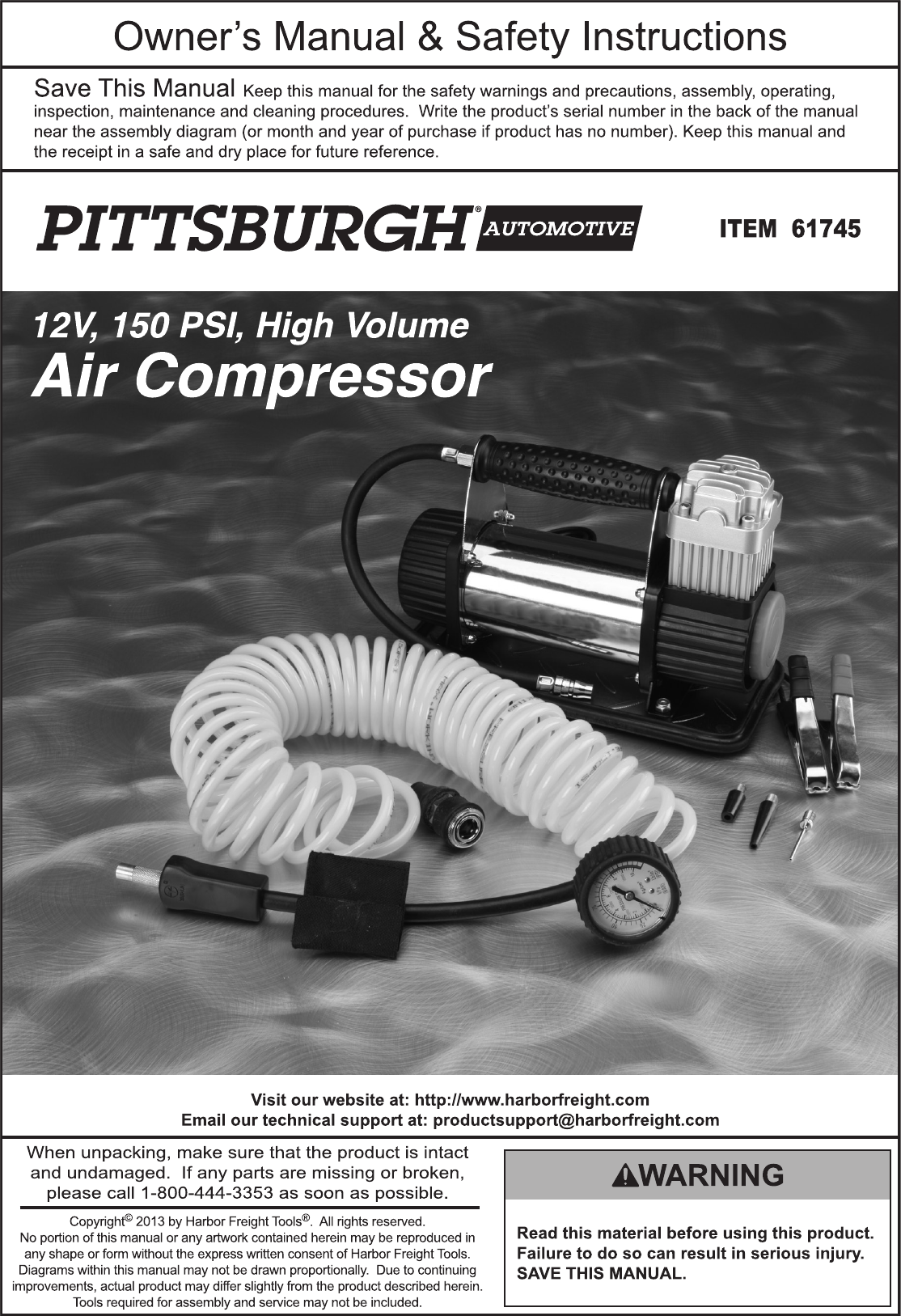 Page 1 of 12 - Harbor-Freight Harbor-Freight-12Volt-150-Psi-Compact-Air-Compressor-Product-Manual-  Harbor-freight-12volt-150-psi-compact-air-compressor-product-manual