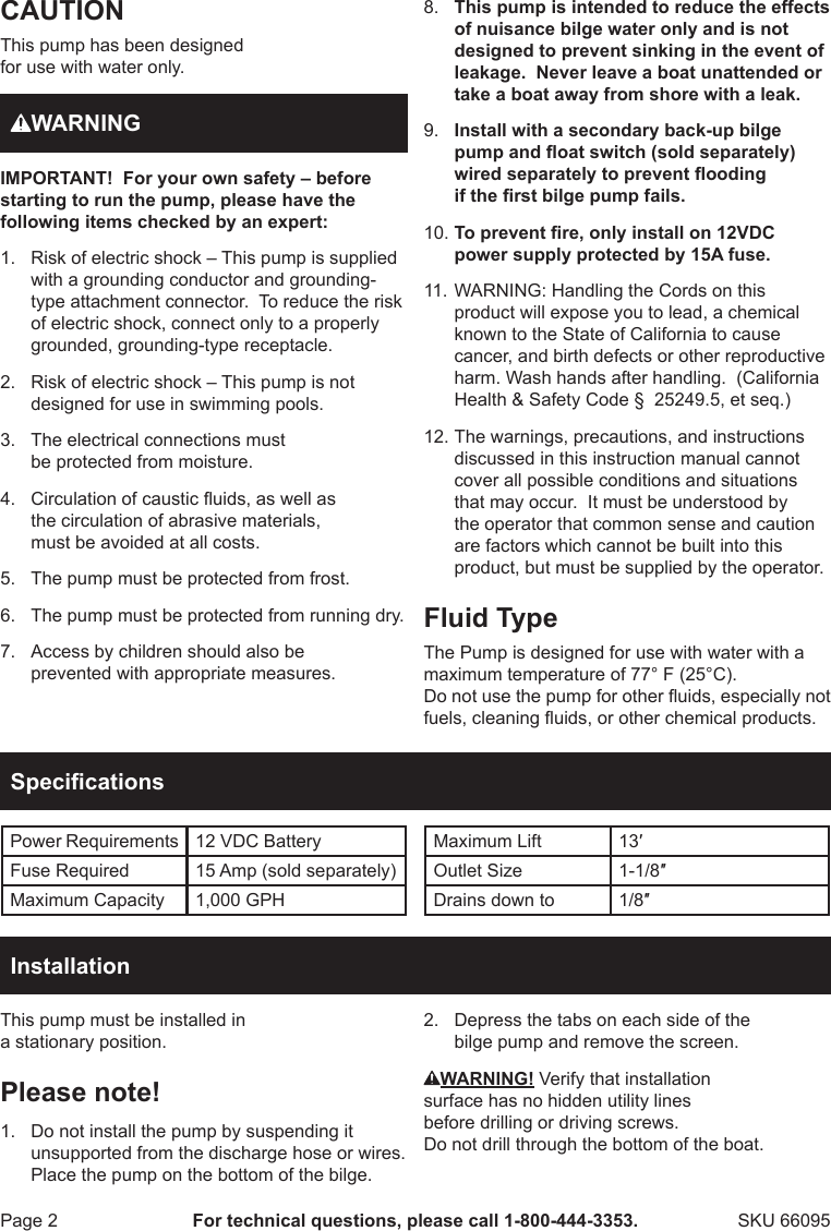 Page 2 of 4 - Harbor-Freight Harbor-Freight-12-Volt-Bilge-Pump-1000-Gph-Product-Manual-  Harbor-freight-12-volt-bilge-pump-1000-gph-product-manual