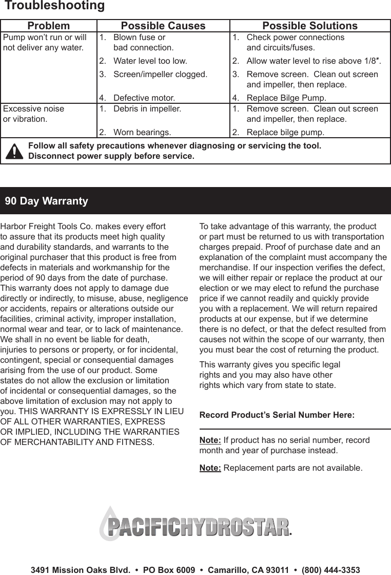 Page 4 of 4 - Harbor-Freight Harbor-Freight-12-Volt-Bilge-Pump-1000-Gph-Product-Manual-  Harbor-freight-12-volt-bilge-pump-1000-gph-product-manual