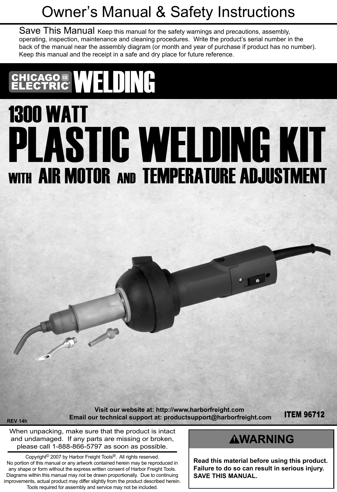 Page 1 of 12 - Harbor-Freight Harbor-Freight-1300-Watt-Plastic-Welding-Kit-With-Air-Motor-And-Temperature-Adjustment-Product-Manual-  Harbor-freight-1300-watt-plastic-welding-kit-with-air-motor-and-temperature-adjustment-product-manual