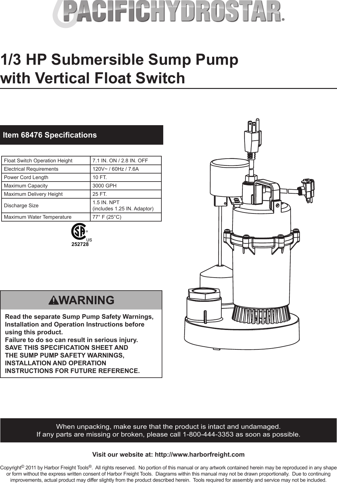 Page 1 of 9 - Harbor-Freight Harbor-Freight-1-3-Hp-Submersible-Sump-Pump-With-Vertical-Float-3000-Gph-Product-Manual-  Harbor-freight-1-3-hp-submersible-sump-pump-with-vertical-float-3000-gph-product-manual