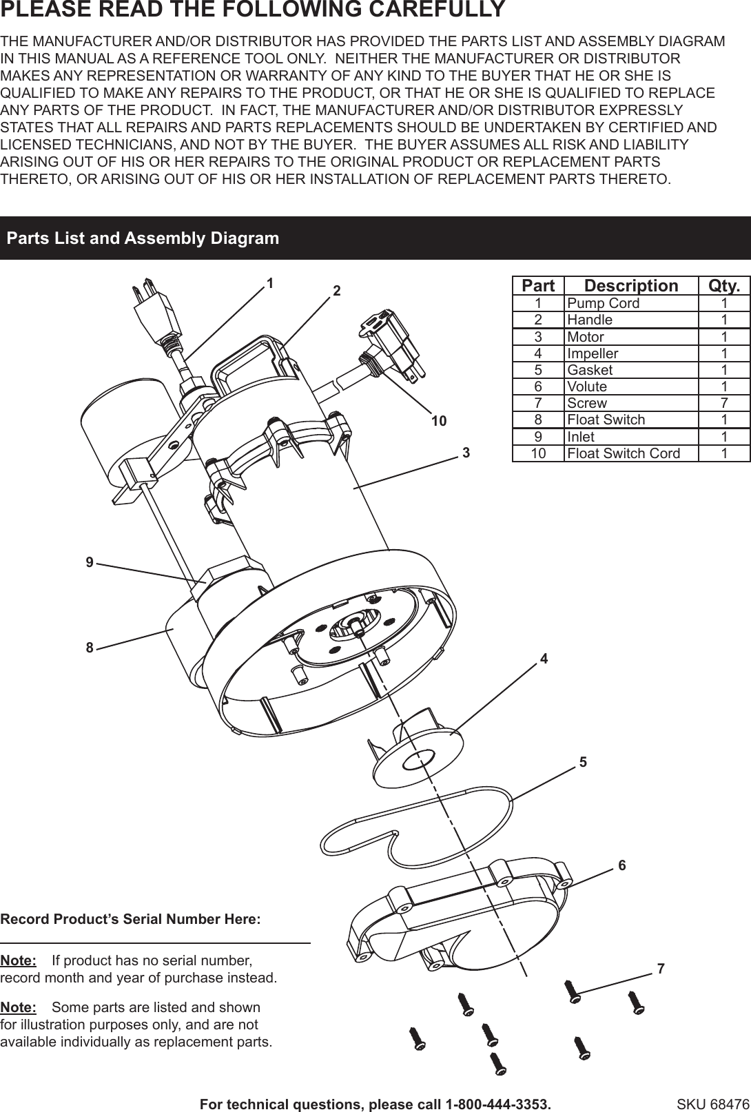 Page 2 of 9 - Harbor-Freight Harbor-Freight-1-3-Hp-Submersible-Sump-Pump-With-Vertical-Float-3000-Gph-Product-Manual-  Harbor-freight-1-3-hp-submersible-sump-pump-with-vertical-float-3000-gph-product-manual
