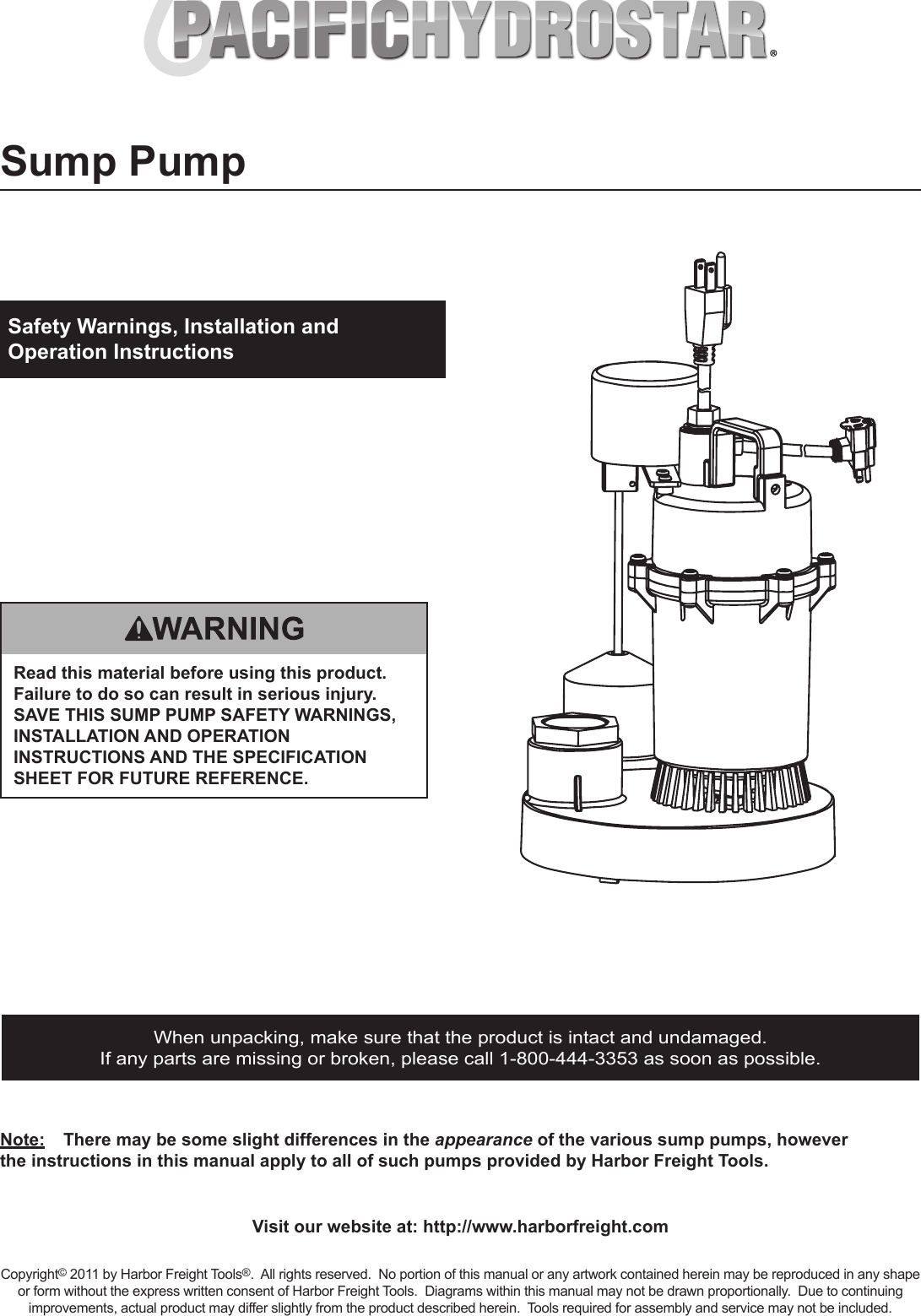 Page 3 of 9 - Harbor-Freight Harbor-Freight-1-4-Hp-Submersible-Sump-Pump-With-Vertical-Float-2800-Gph-Product-Manual-  Harbor-freight-1-4-hp-submersible-sump-pump-with-vertical-float-2800-gph-product-manual