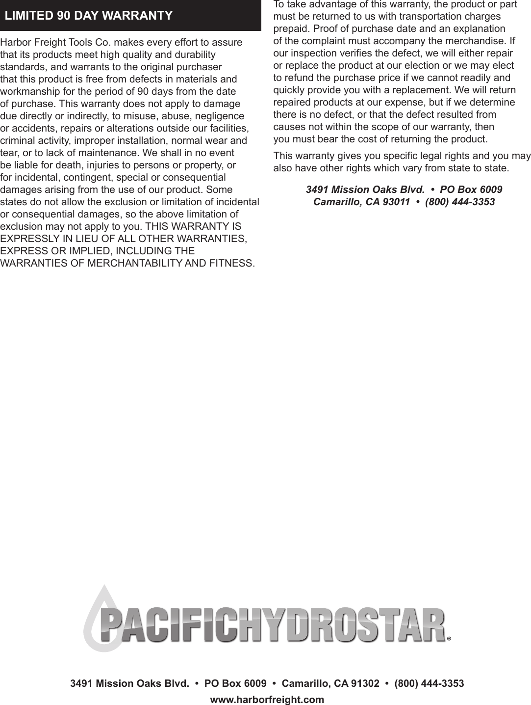 Page 9 of 9 - Harbor-Freight Harbor-Freight-1-4-Hp-Submersible-Sump-Pump-With-Vertical-Float-2800-Gph-Product-Manual-  Harbor-freight-1-4-hp-submersible-sump-pump-with-vertical-float-2800-gph-product-manual