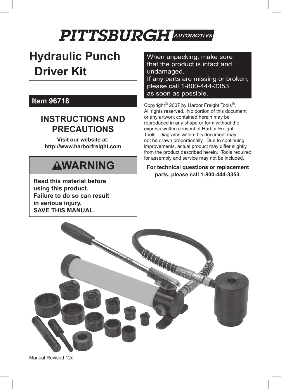 Page 1 of 8 - Harbor-Freight Harbor-Freight-14-Piece-Hydraulic-Punch-Driver-Kit-Product-Manual-  Harbor-freight-14-piece-hydraulic-punch-driver-kit-product-manual