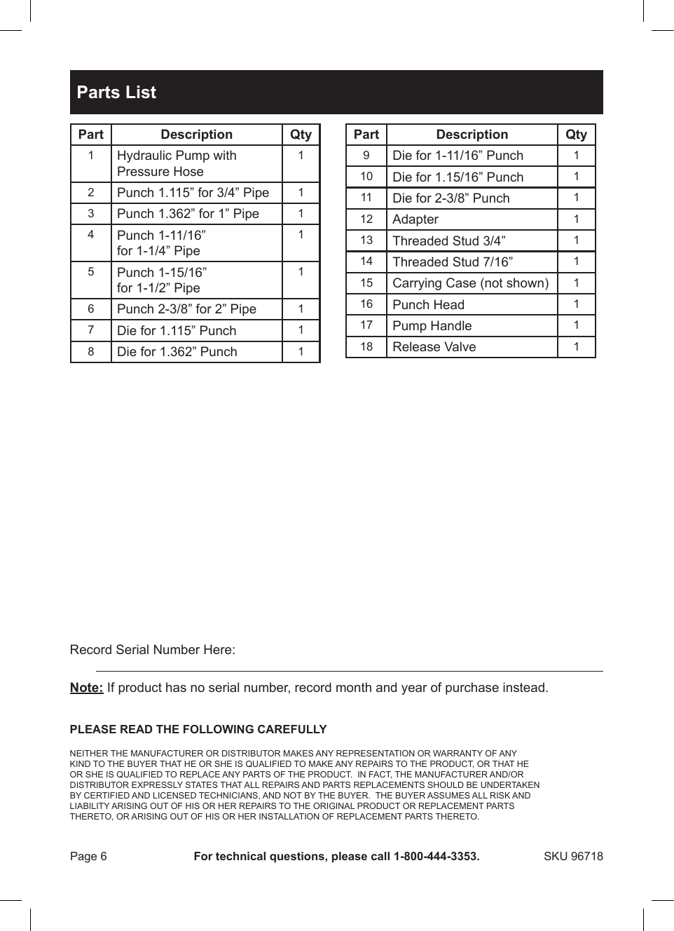 Page 6 of 8 - Harbor-Freight Harbor-Freight-14-Piece-Hydraulic-Punch-Driver-Kit-Product-Manual-  Harbor-freight-14-piece-hydraulic-punch-driver-kit-product-manual