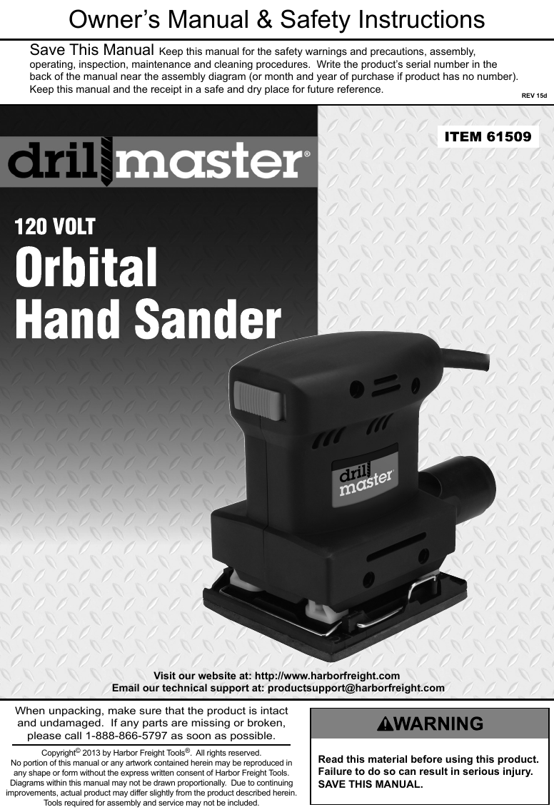 Harbor Freight 1 4 Sheet Orbital Palm Sander Product Manual