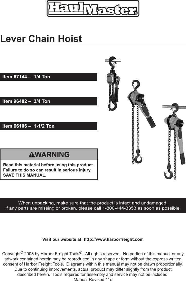Page 1 of 12 - Harbor-Freight Harbor-Freight-1-4-Ton-Lever-Manual-Chain-Hoist-Product-Manual-  Harbor-freight-1-4-ton-lever-manual-chain-hoist-product-manual