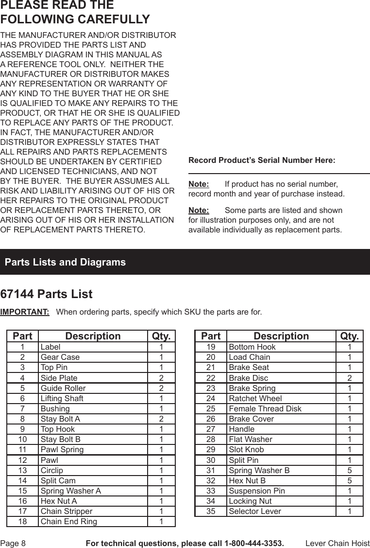 Page 8 of 12 - Harbor-Freight Harbor-Freight-1-4-Ton-Lever-Manual-Chain-Hoist-Product-Manual-  Harbor-freight-1-4-ton-lever-manual-chain-hoist-product-manual