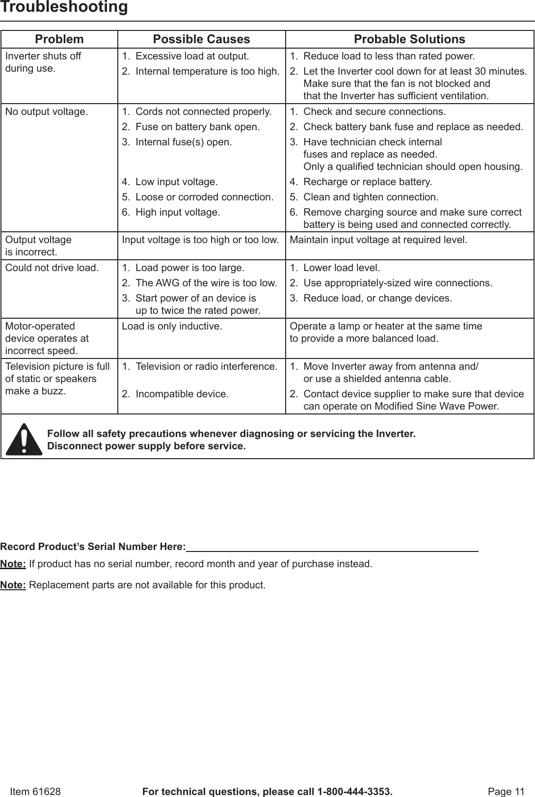 Page 11 of 12 - Harbor-Freight Harbor-Freight-1500-Watt-Continuous-3000-Watt-Peak-Power-Inverter-Product-Manual-  Harbor-freight-1500-watt-continuous-3000-watt-peak-power-inverter-product-manual