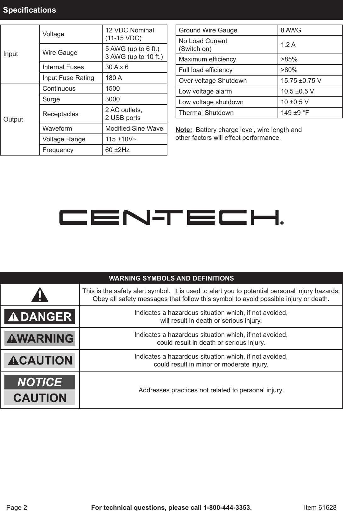 Harbor Freight 1500 Watt Continuous 3000 Peak Power Inverter Product Manual