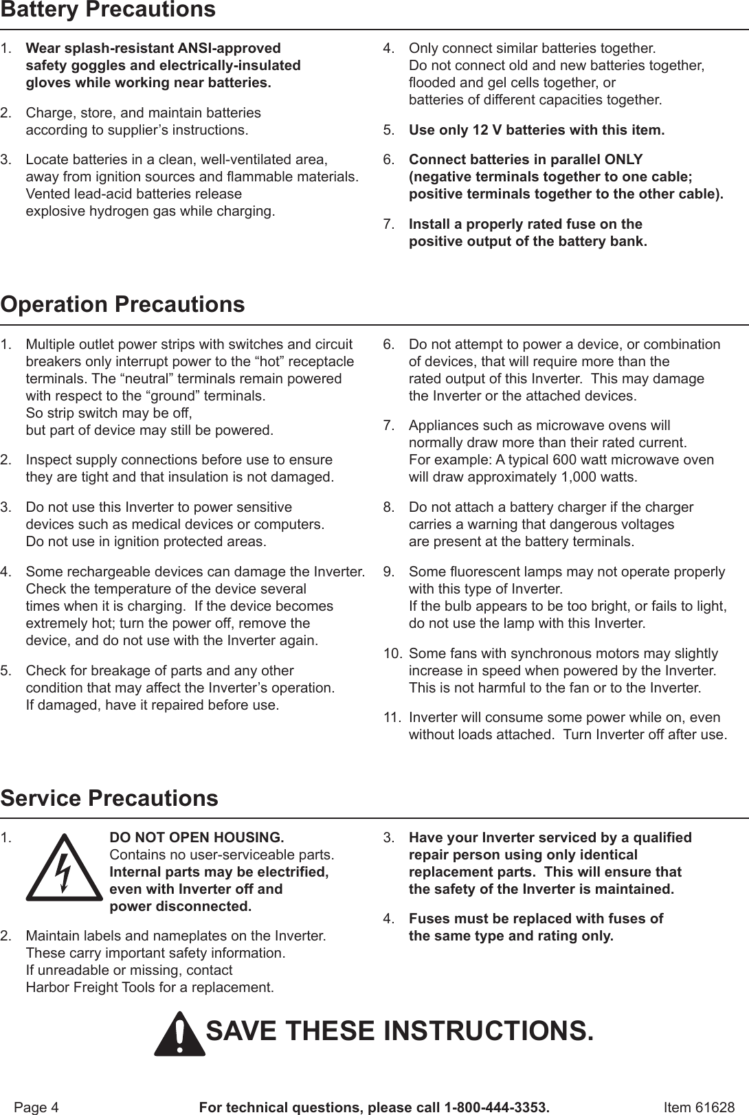 Page 4 of 12 - Harbor-Freight Harbor-Freight-1500-Watt-Continuous-3000-Watt-Peak-Power-Inverter-Product-Manual-  Harbor-freight-1500-watt-continuous-3000-watt-peak-power-inverter-product-manual